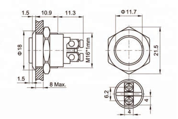 Diameter 16mm High flat 2 Screw Terminals AC 250V 1NO Momentary Metal Stainless Steel Push Button Switch