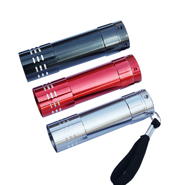 Multi color Portable 9 LED Aluminium Flashlight 3*AAA Dry Battery Mini Torch for Promotional Gift