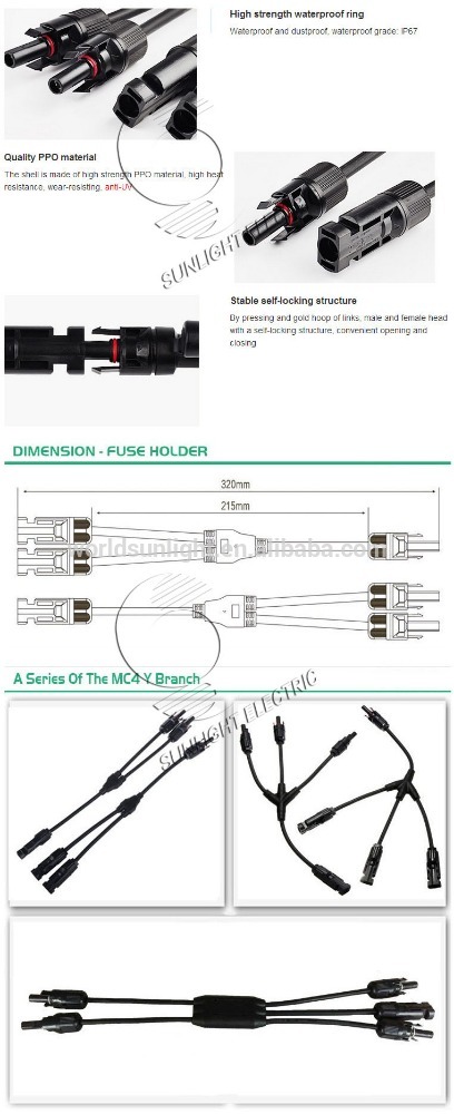 2Y Branch High quality MC4 IP67 male and female DC connector MC4 for solar panels