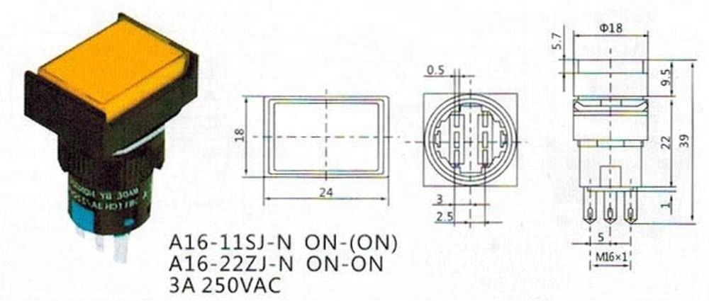 PBS-94 A16-11SJ-N 16MM 1NO1NC yellow led illuminated momentary rectangle push button switch