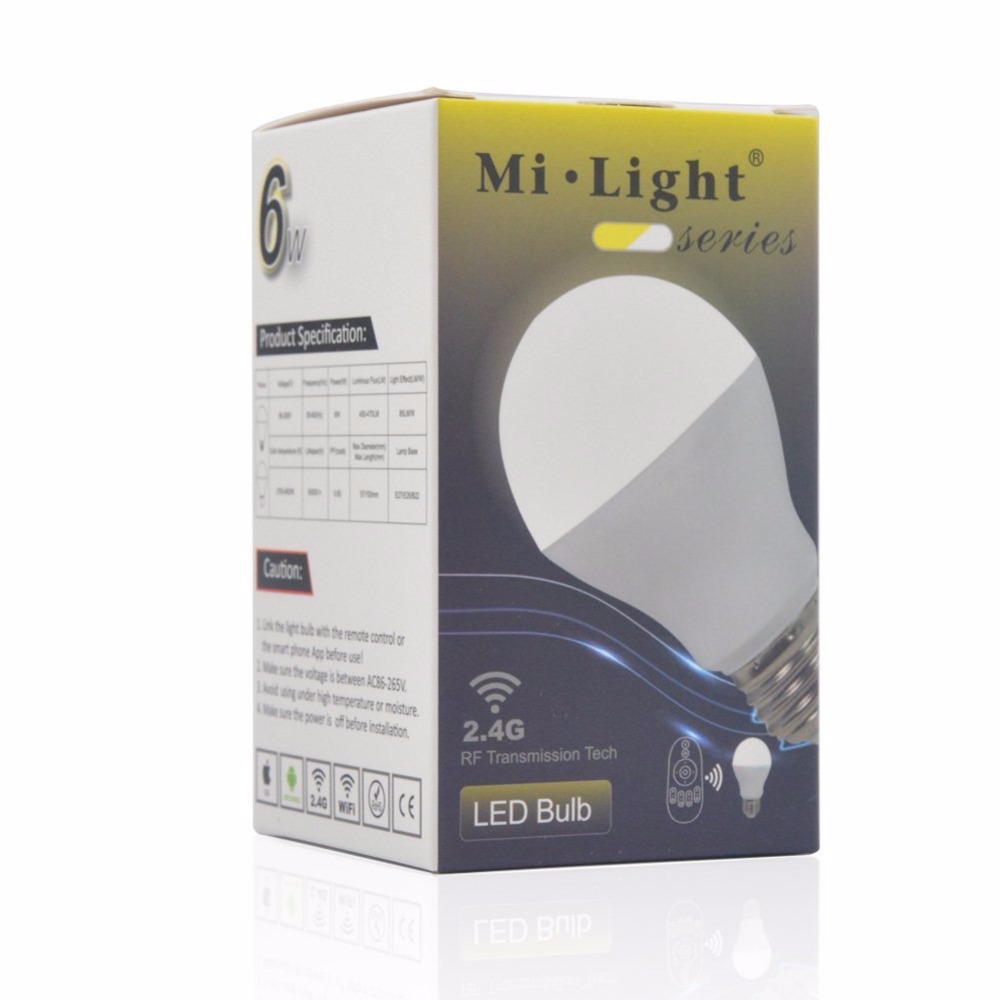 2.4G Mi.Light AC85-265V E27 6W CCT Dual White(CW/WW) LED Bulb Wireless Brightness color Temperature Dimmable LED Bulb