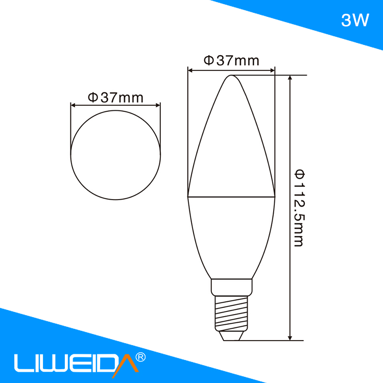 E12/E14/B15 3W e12 dimmable led candle bulb