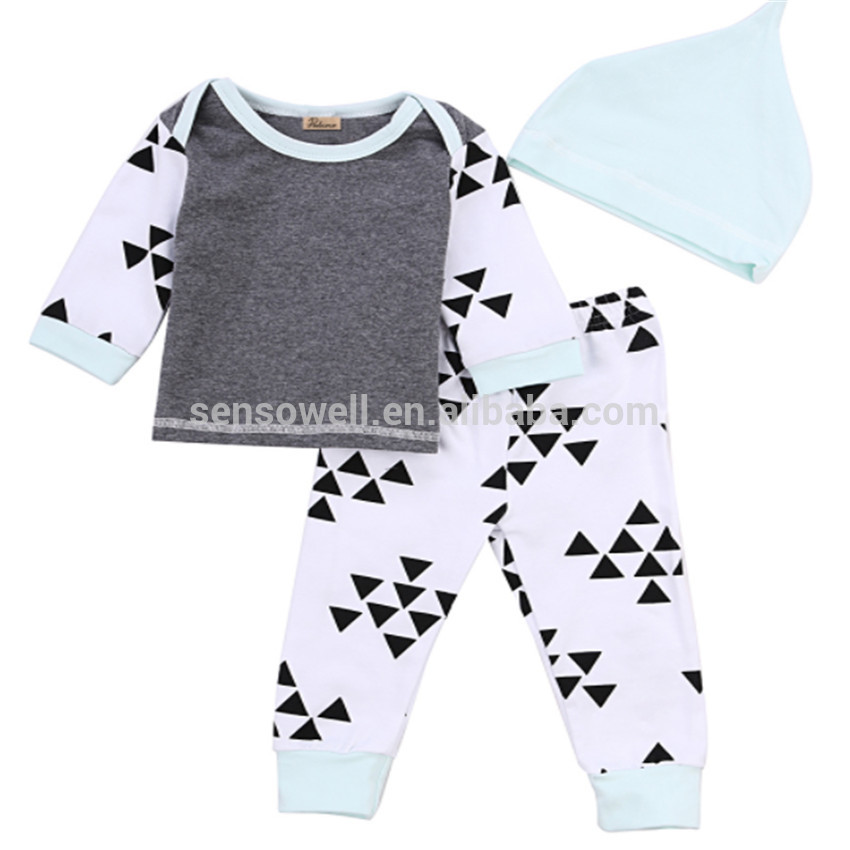 2018 Infant Baby Boy Girls Gray Clothing Sets Long Sleeves 3 Pcs Triangle T-shirt Long Pants Hat Cotton Bodysuit Autumn Winter