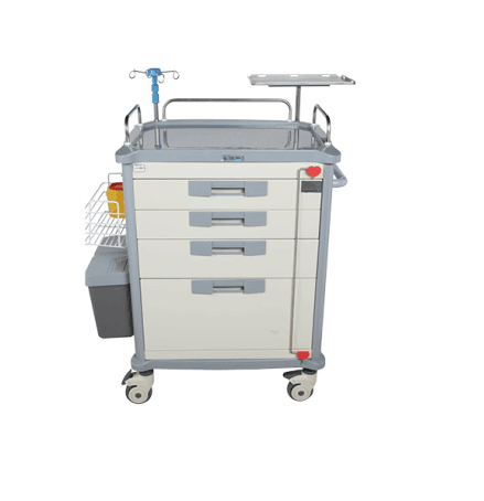 ABS plastic hospital emergency trolley with 4 drawers for patient use
