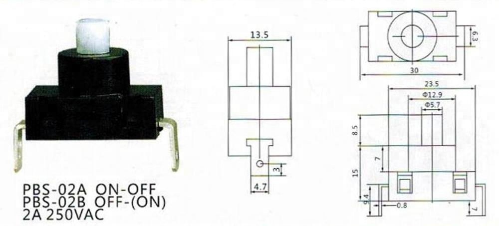 PBS-02A/PBS-02B 2 pin small flashlight push button switch