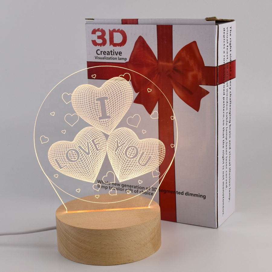 LED Illusion Lamps 3 Colors Changing USB Chargeable Wooden Base Customized Acrylic Pattern Creative Gift 3D LED Night Light