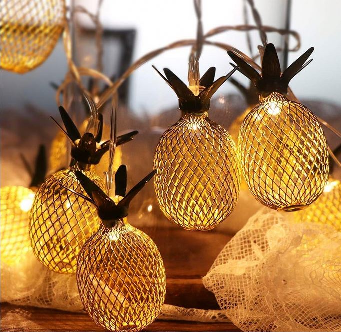 Retro Tropical Style cute and adorable pineapple string light shaped metal mesh lantern with warm white LED light