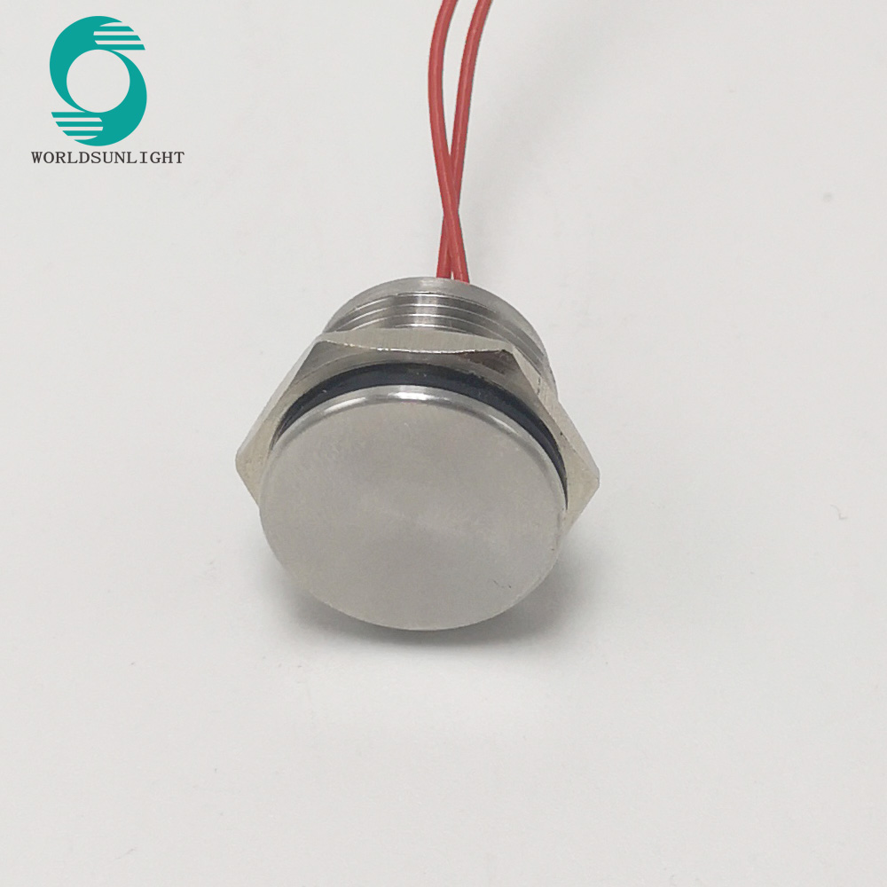 WS16BF1NOM IP68 16mm stainless steel Flat operator Flyingleads 24V AC/DC Normally open Momentary piezo switch