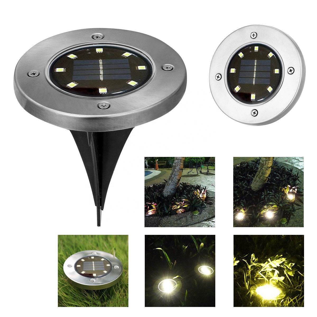 Hot Products 8 LED IP 65 Waterproof Solar Powered Disk Lights for Garden