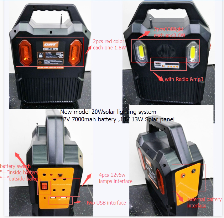 Portable Solar Power System for USB Charge and Lighting solar portable system solar lighting kit with MP3 and Radio function