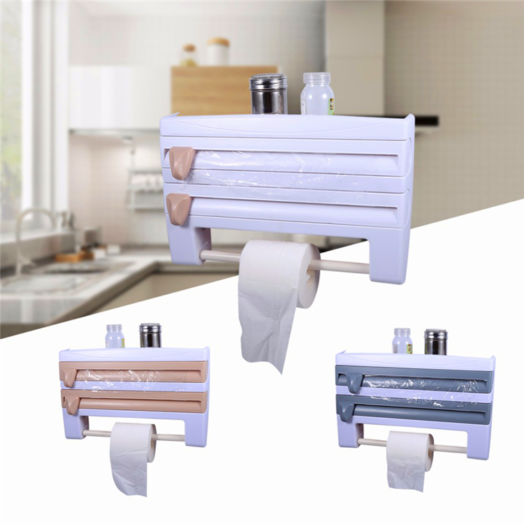 Creative Kitchen Storage Roll Dispenser Cling Film Tin Foil Holder Rack 3 in 1 Wall Mount Towel Roll Holder Hanger Organizer