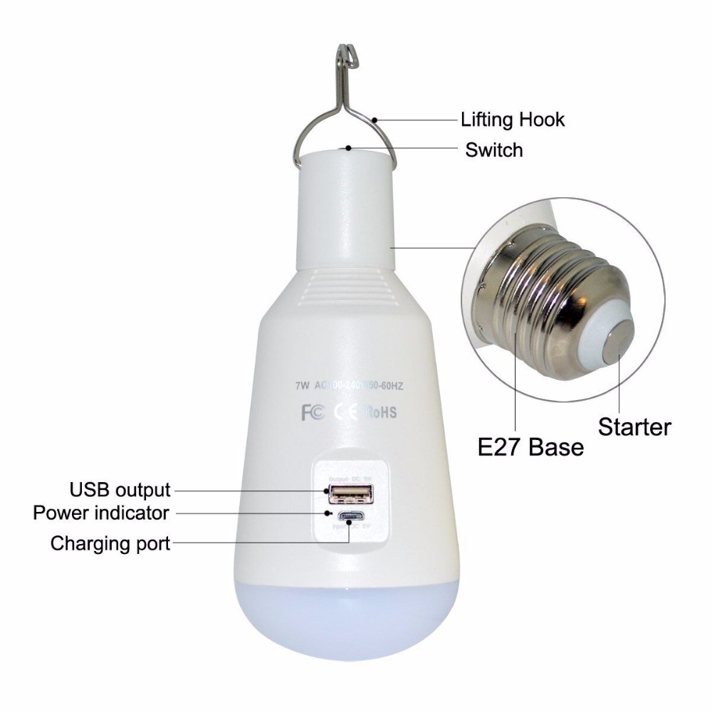 E27 7W rechargeable solar led emergency light for camping