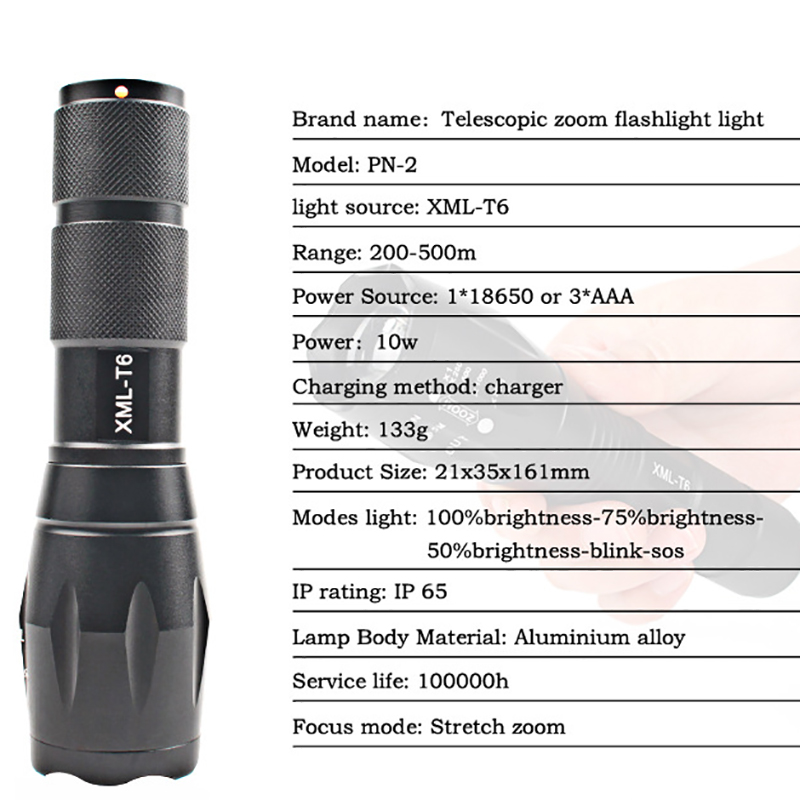 High Power XM-L T6 Wholesale 18650 Tactical Flashlight Long Range Rechargeable LED Torch