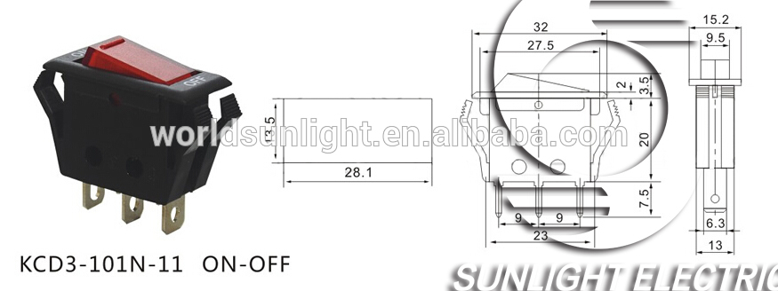 CQC KCD3-101N-11 ON OFF 3 pin lighted boat rocker switch