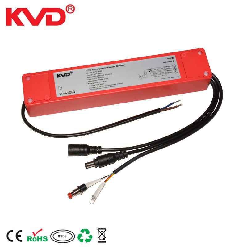 KVD LED emergency battery backup kit with rechargeable Li-ion battery inside DC connector indicator