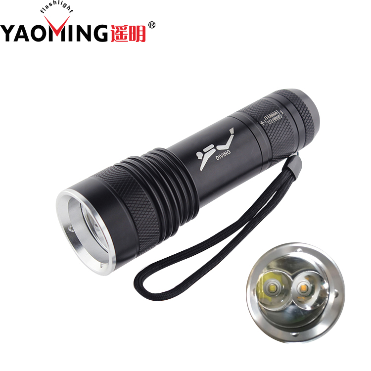 Diving Flashlight Torch Underwater 100M Waterproof Submarine Light Rechargeable Battery with White T6+Yellow T6 Bulb