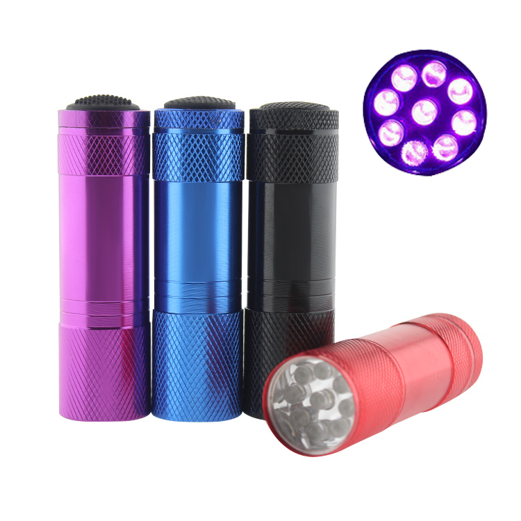 Mini Aluminum 9 LED 365nm UV Flashlight with Black Strap Ultra Violet Black Light Torch Detector