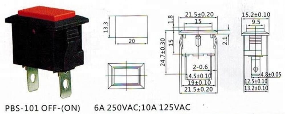 PBS-101 OFF-(ON) 6A 250VAC 2 PINS red cap push button switch