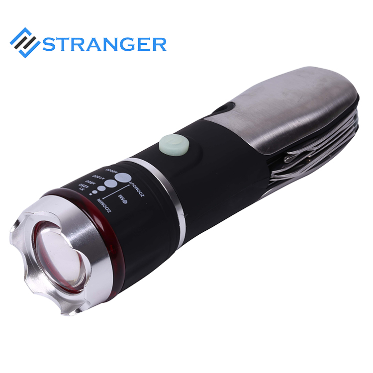 Led multi-function flashlight with escape hammer and 5 different tools