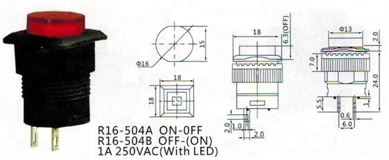 PBS-51-2 16mm SPST 2 pin Boat Car Plastic Push Button Micro Switch without led