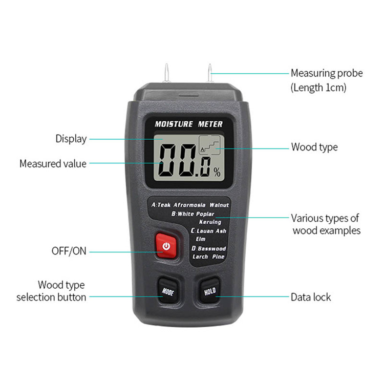 Two Pins Digital Wood Moisture Meter Wood Humidity Tester Hygrometer Timber Damp Detector Large LCD Display