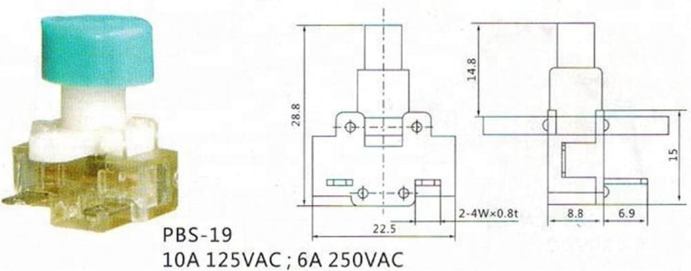 IP40 PBS-19 6A 250VAC blue cap transparent pushbutton switch