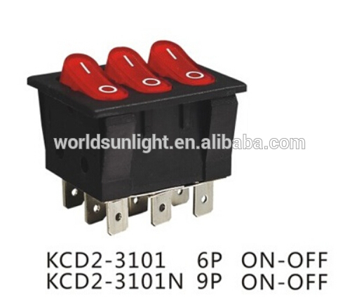 CQC CE KCD2-3101N ON-OFF 9 pin 3 poles rocker switch with light indicator