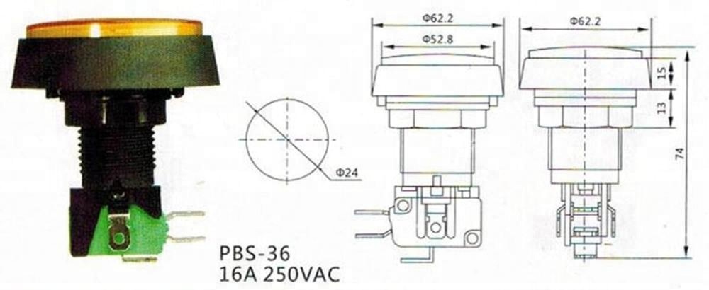 PBS-36 Diameter 62.2mm 16A 250VAC round Arcade Push Button For Game Machine