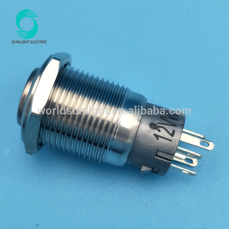 16mm high flat head type 1NO1NC momentary Auto metal push button switch with 12v white HORN marking led light