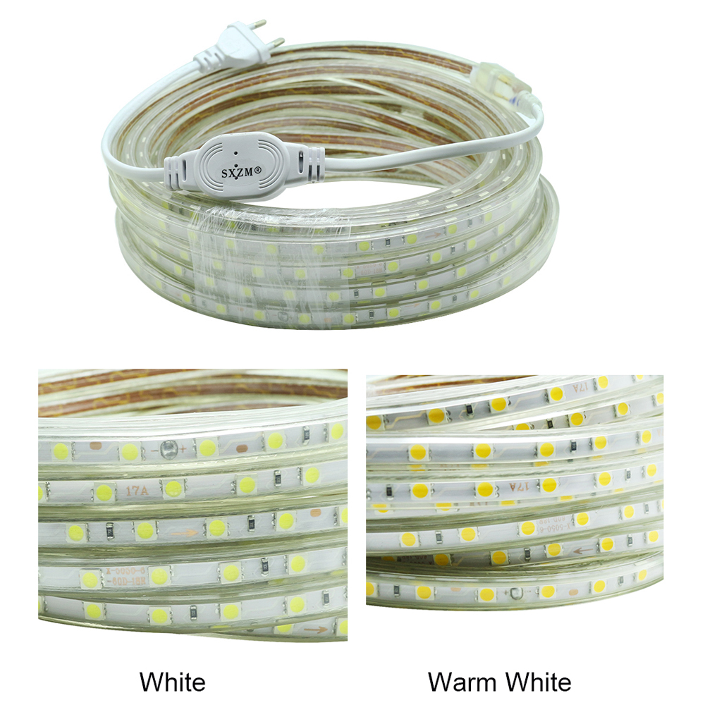 1M/2M/3M/5M/6M/8M/9M/10M/15M/20M Warm white waterproof 220v 60leds/m 5050 Led strip