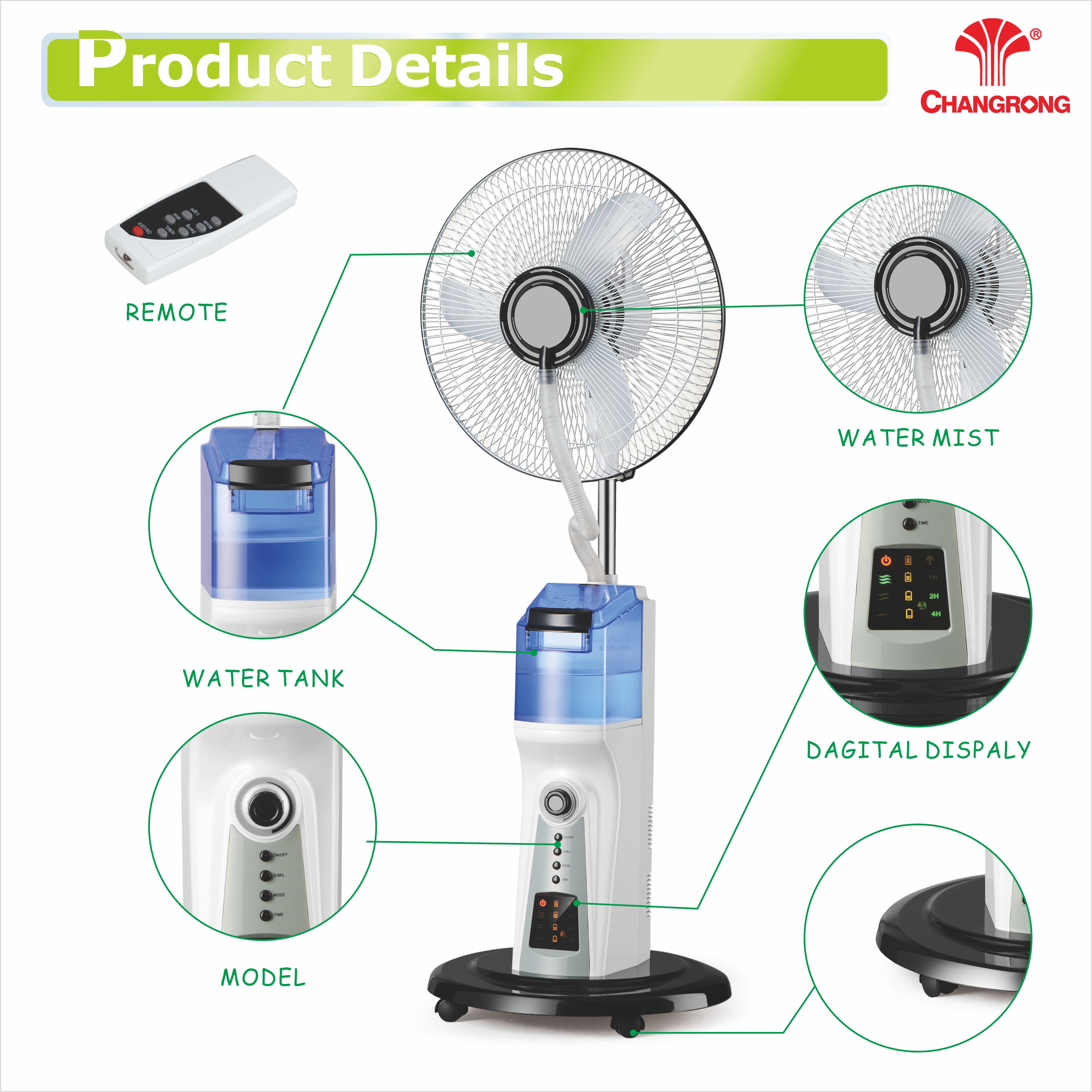 Water air cooling fan stand fan with mist remote control stand fan