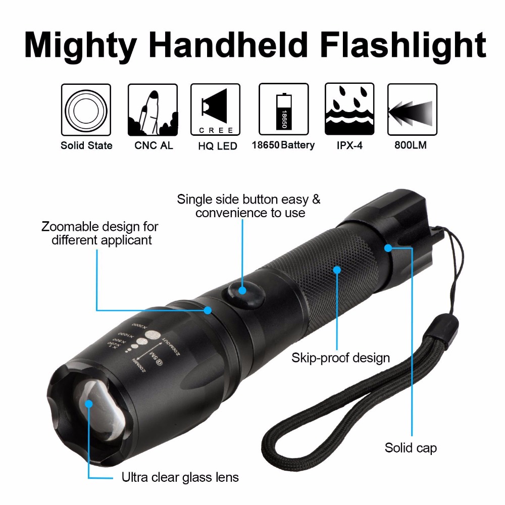 800 Lumens XM-L T6 LED Adjustable Focus Rechargeable Flashlight Lamp Light with 18650 Battery & Chargers
