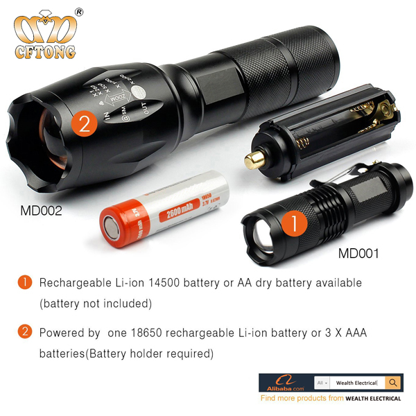 BSCI Factory Aluminum Portable Waterproof Zoom T6 XML 10W LED Power Style Flashlight