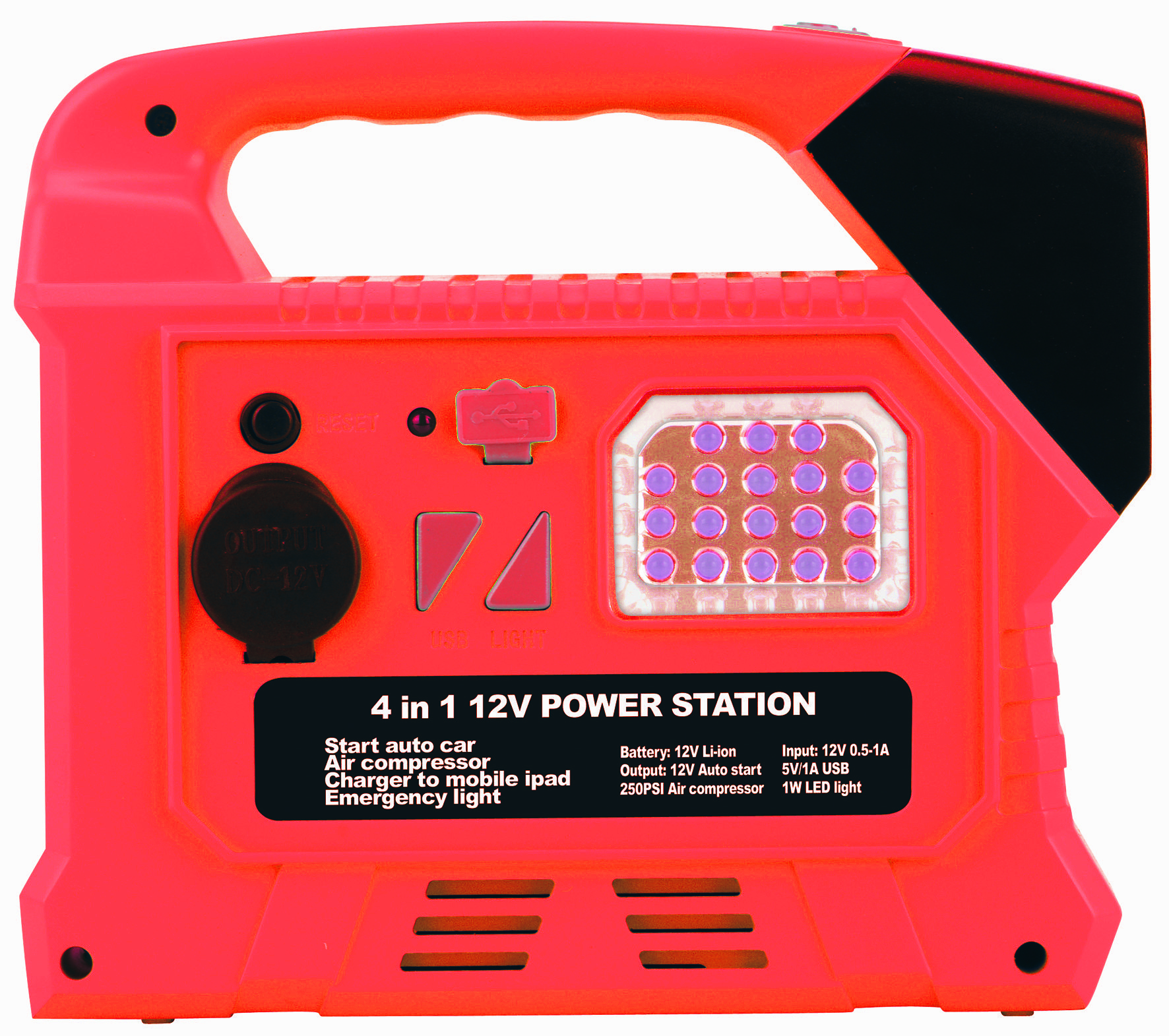 Camping power station car jump start with USB port air compressor and LED worklight