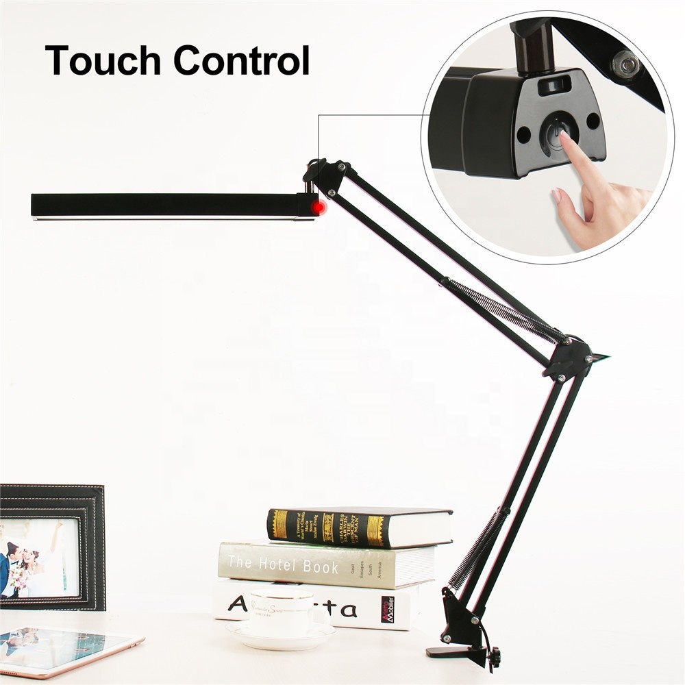 Touch Control Mental Swing Arm Dimmable Dual Color Temperature Task Table Lamp with Clamp Working Light