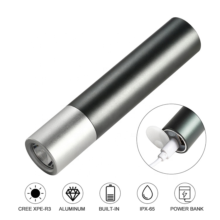 Pocket portable USB rechargeable torch  camping  waterproof mini tactical flashlight  with power bank