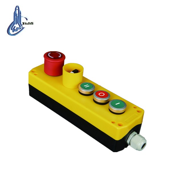 XDL722-JBW539P 5 holes IP67 LED control box with E-Stop and 2 position stay out with protect circle emergency pushbutton station