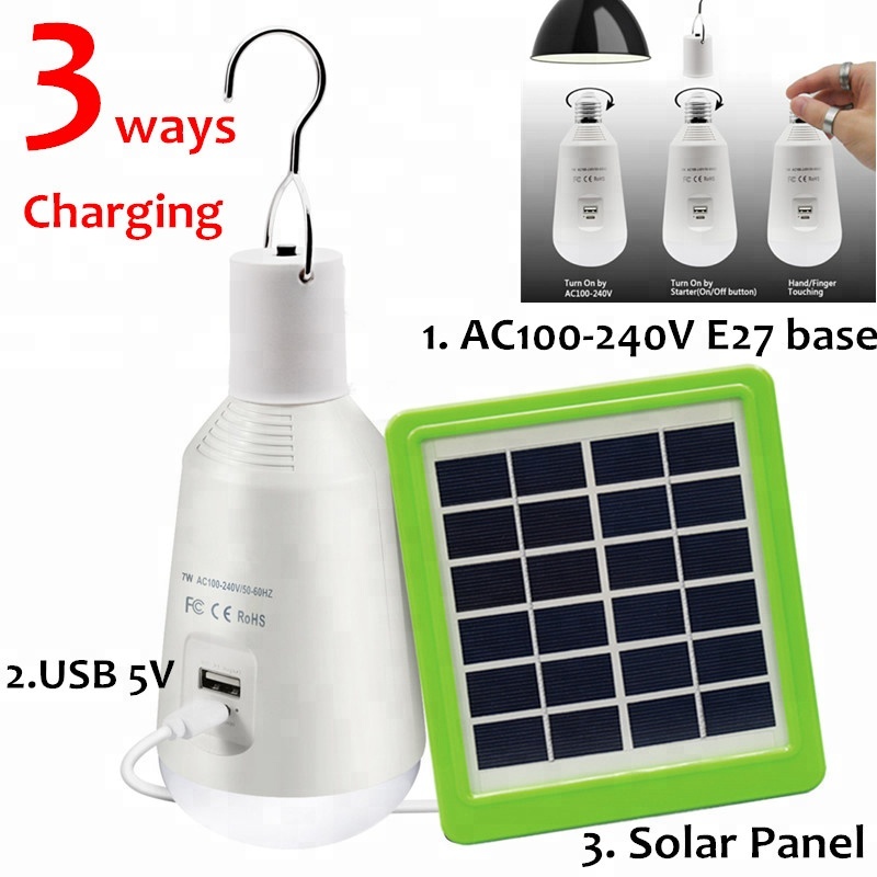 solar powered battery operated blackout usb charge power bank 7w led bulb lamp