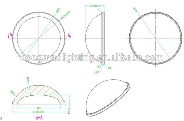 100mm high bay glass lens with aluminum rim,rubber,reflector bowl