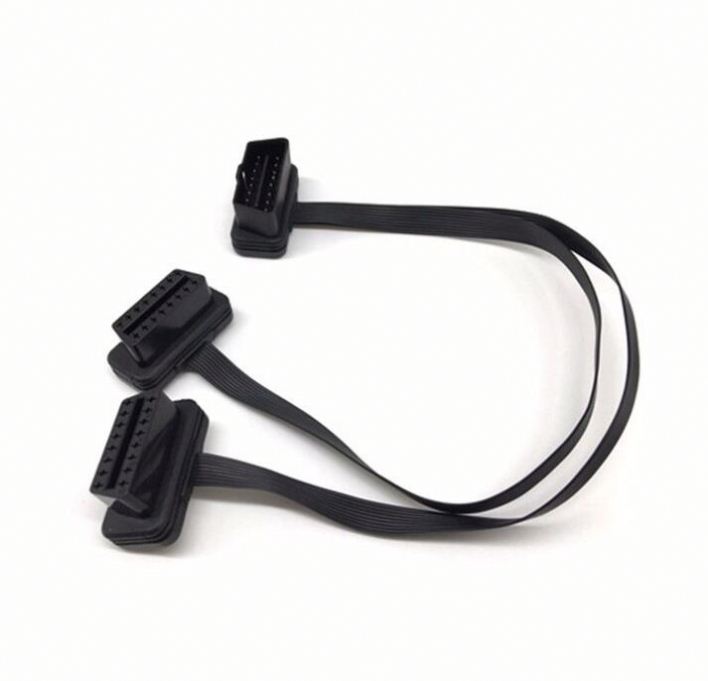 Black Custom 40CM OBD2 Flat Cable Extension Splitter 16 Pin Male to Dual Female Y OBD Cable