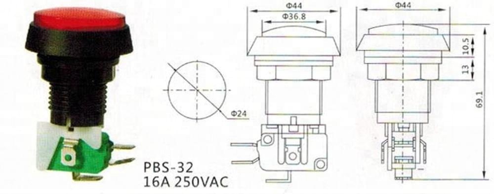 PBS-32 diameter 44mm 16A 250VAC big round game arcade pushbuttons with micro switch