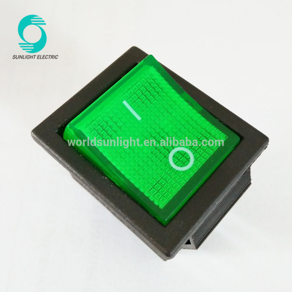 KCD2-201N t85/55 ON / OFF locking 15A 250VAC double pole single throw 12vDC Green led illuminated rocker switch