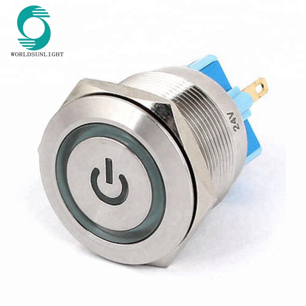 25mm Dia Thread Green 24V power symbol and ring illuminated LED Latching Metal Pushbutton Switch