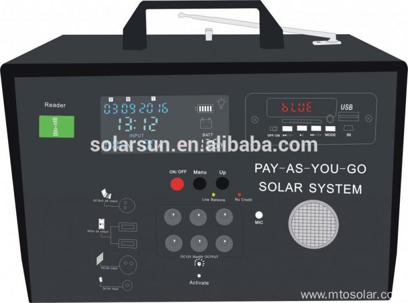 DC solar lighting system 20W 30W 50W with solar panel FM radio LED bulbs acid battery and USB ports