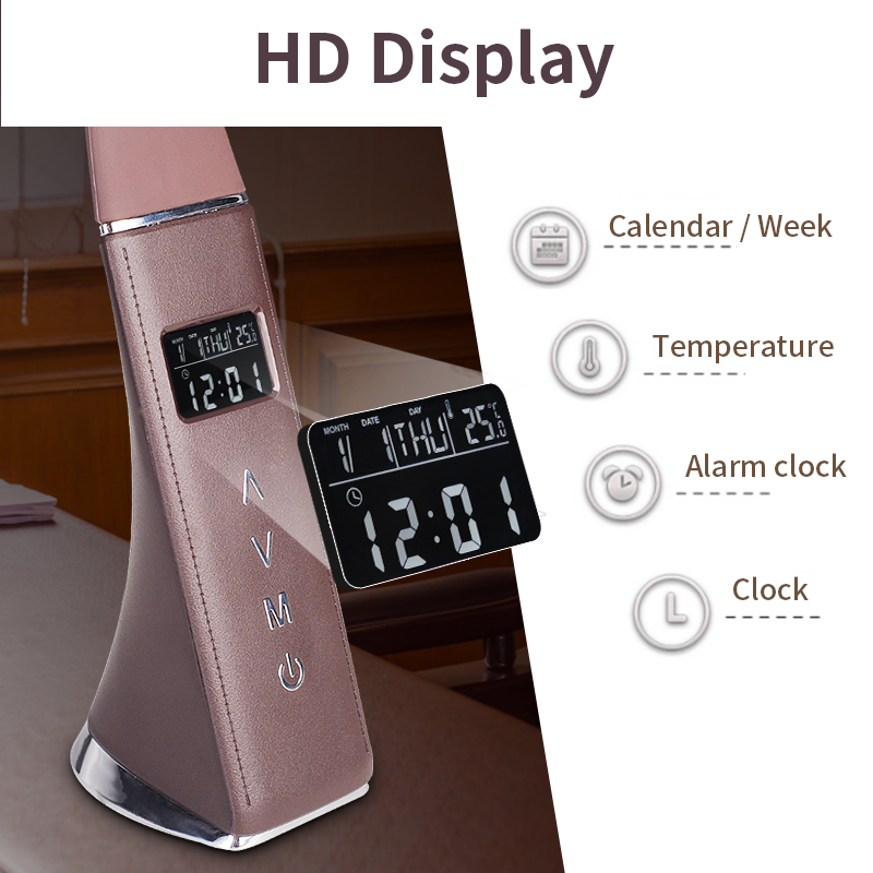 Multifunction leather design reading light hotel HD display 3 color temperature 5 level dimming touch led lamp desk lamp