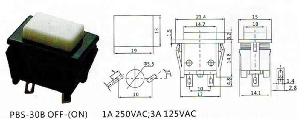 PBS-30B 1A 250VAC OFF-(ON) push on rectangular button push switch