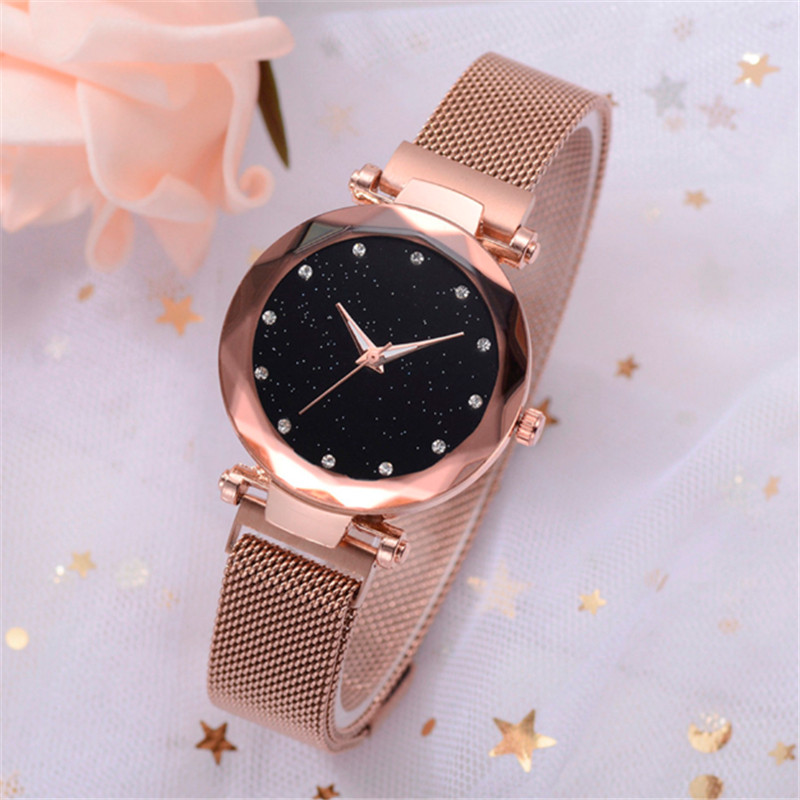 2019 Women Luxury Quartz Rose Gold Mesh Star Sky Magnetic Wristwatches Watch