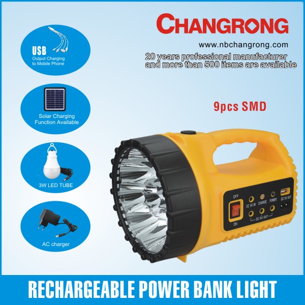 solar rechargeable power bank flashlight with USB and led bulb