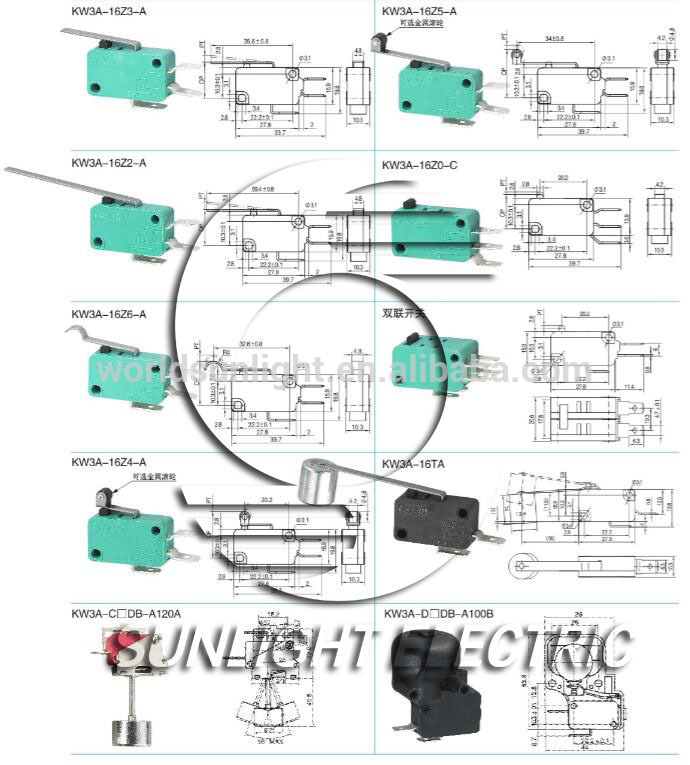 KW7-2 16A 250VAC snap action steel long Roller Arm Lever microswitch micro switch