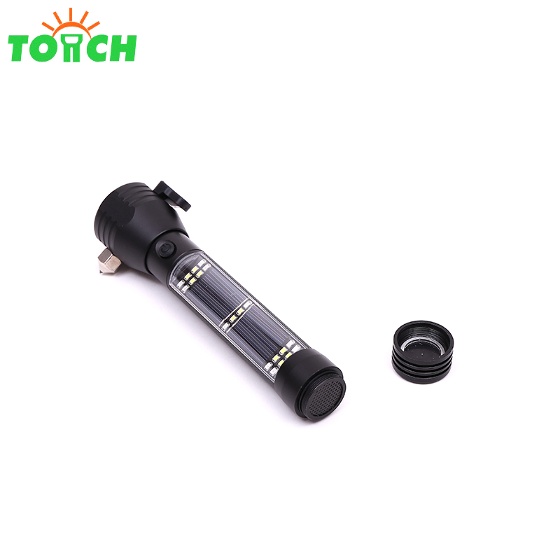 Multi function self-defense survival rechargeable solar led torch flashlight with power bank alerter